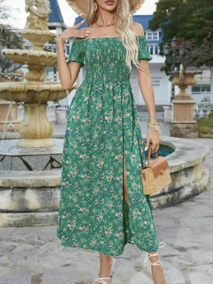 Full Size Slit Off-Shoulder Floral Midi Dress Plus Size - IntuitiveEncBoutique