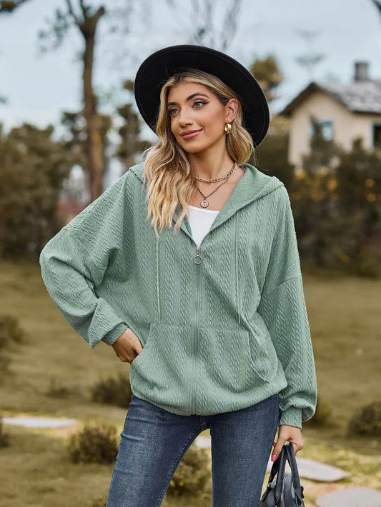 Zip Up Drawstring Long Sleeve Hooded Jacket - IntuitiveEncBoutique