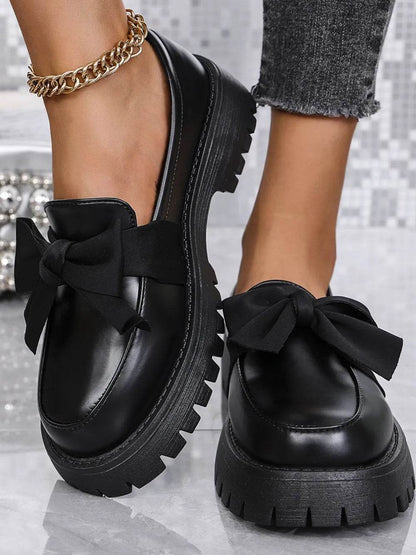 Bow PU Leather Round Toe Loafers - IntuitiveEncBoutique
