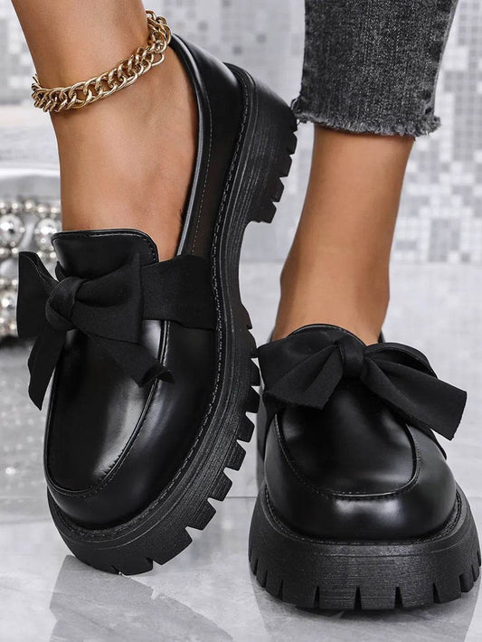 Bow PU Leather Round Toe Loafers - IntuitiveEncBoutique
