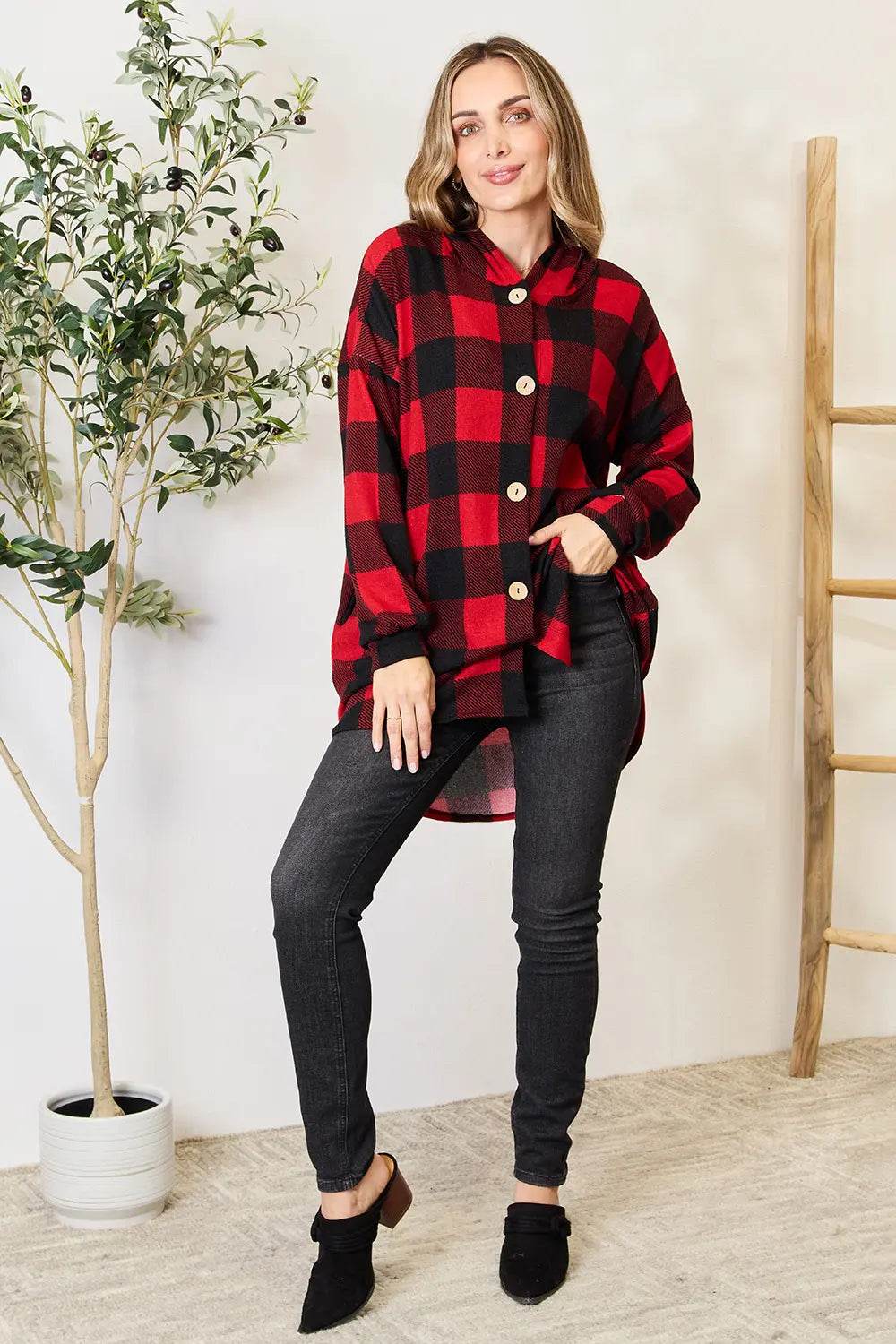 Heimish Full Size Plaid Button Front Hooded Shirt - IntuitiveEncBoutique