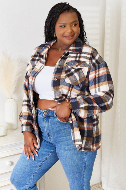Double Take Plaid Button Front Shirt Jacket with Breast Pockets - IntuitiveEncBoutique