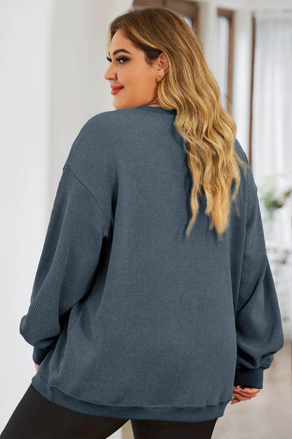 Plus Size Heart Ribbed Round Neck Sweatshirt - IntuitiveEncBoutique