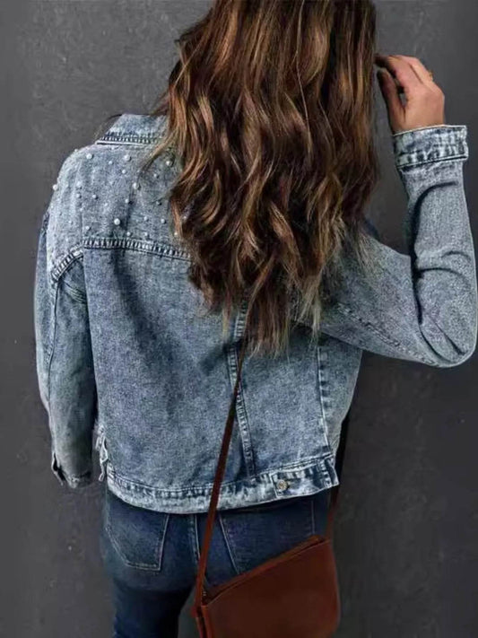Full Size Pearl Detail Button Up Long Sleeve Denim Jacket Plus Size - IntuitiveEncBoutique