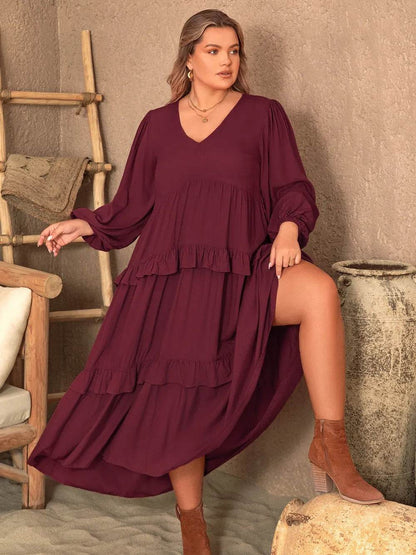 Plus Size Ruffled V-Neck Long Sleeve Dress - IntuitiveEncBoutique