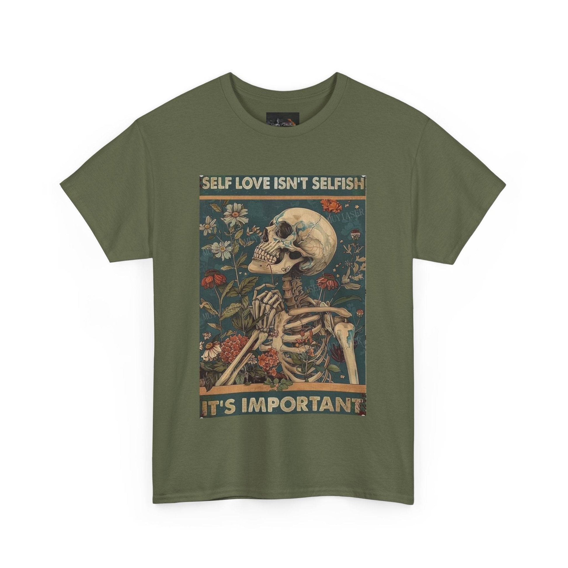 Self Love Isn't Selfish Unisex Heavy Cotton Tee, Positive Affirmation Shirt, Skeleton Graphic Tee, Casual Wear, Gift for Self-Care, - IntuitiveEncBoutique