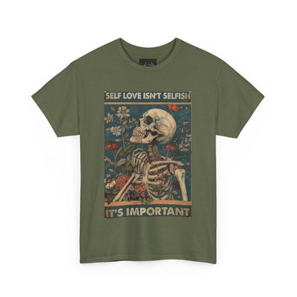 Self Love Isn't Selfish Unisex Heavy Cotton Tee, Positive Affirmation Shirt, Skeleton Graphic Tee, Casual Wear, Gift for Self-Care, - IntuitiveEncBoutique