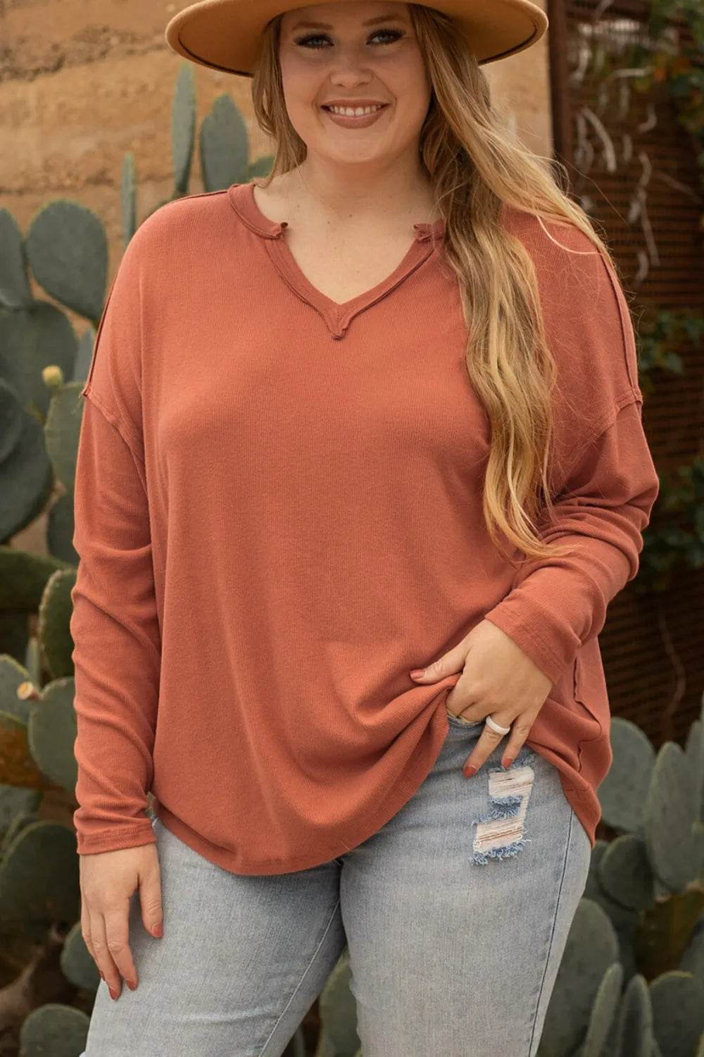 Plus Size Notched Long Sleeve T-Shirt - IntuitiveEncBoutique