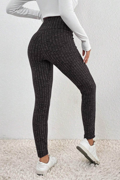 Dark Grey Wide Waistband Ribbed Textured Knit Leggings - IntuitiveEncBoutique