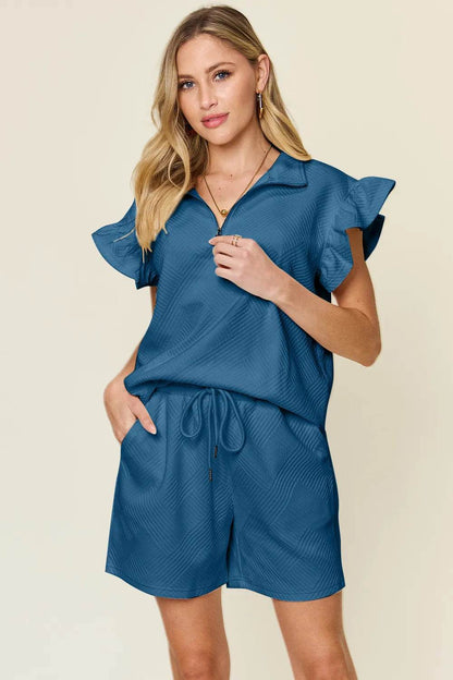 Double Take Full Size Texture Flounce Sleeve Top and Drawstring Shorts Set - IntuitiveEncBoutique
