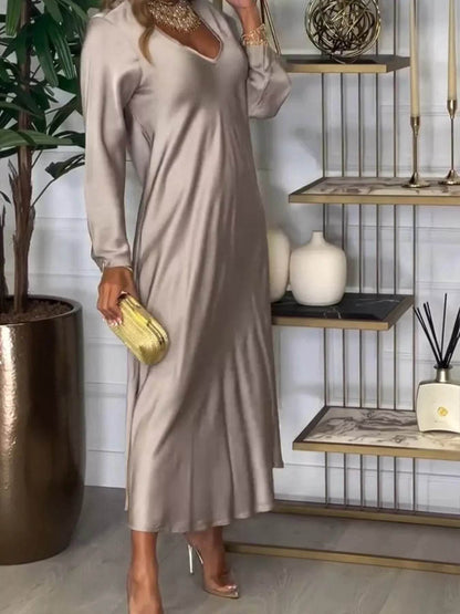 Full Size V-Neck Long Sleeve Midi Dress Plus Size - IntuitiveEncBoutique