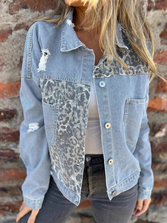 Full Size Leopard Button Up Denim Jacket Plus Size - IntuitiveEncBoutique