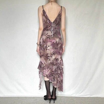 Vintage Print Irregular Hem Lace-Up Mesh Dress with Ruffle Edge and Strapless Design - IntuitiveEncBoutique