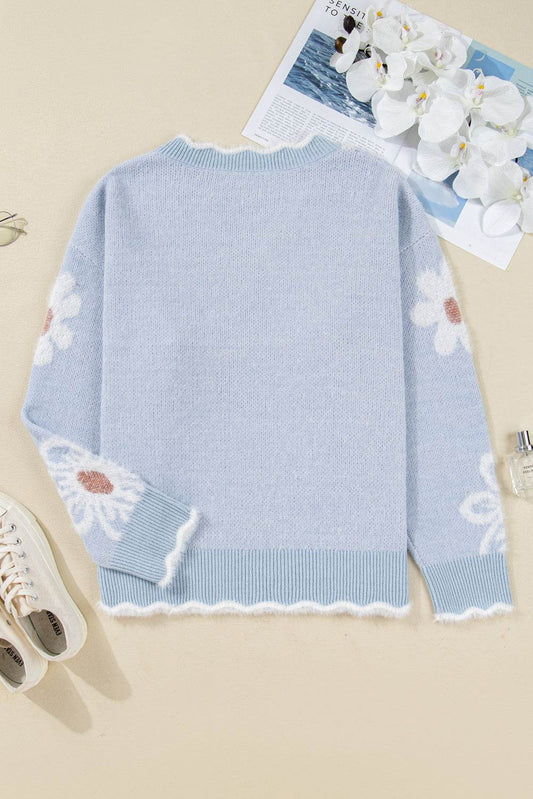 Gray Fuzzy Flower Scalloped V Neck Plus Sweater - IntuitiveEncBoutique