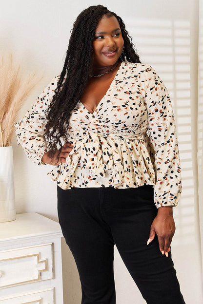 Honey Printed Tied Plunge Peplum Blouse - IntuitiveEncBoutique