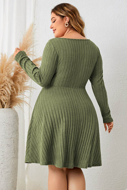 Honey Plus Size Sweetheart Neck Long Sleeve Ribbed Dress - IntuitiveEncBoutique