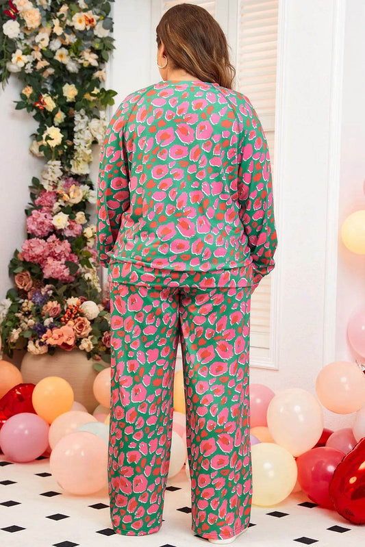 Plus Size Printed Round Neck Long Sleeve Top and Pants Set - IntuitiveEncBoutique