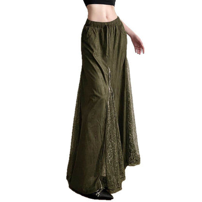 Vintage Green Lace Splicing Low Waist A-line Floor-length Skirt with Heavy Zipper - IntuitiveEncBoutique
