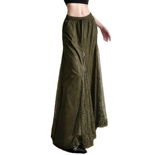 Vintage Green Lace Splicing Low Waist A-line Floor-length Skirt with Heavy Zipper - IntuitiveEncBoutique