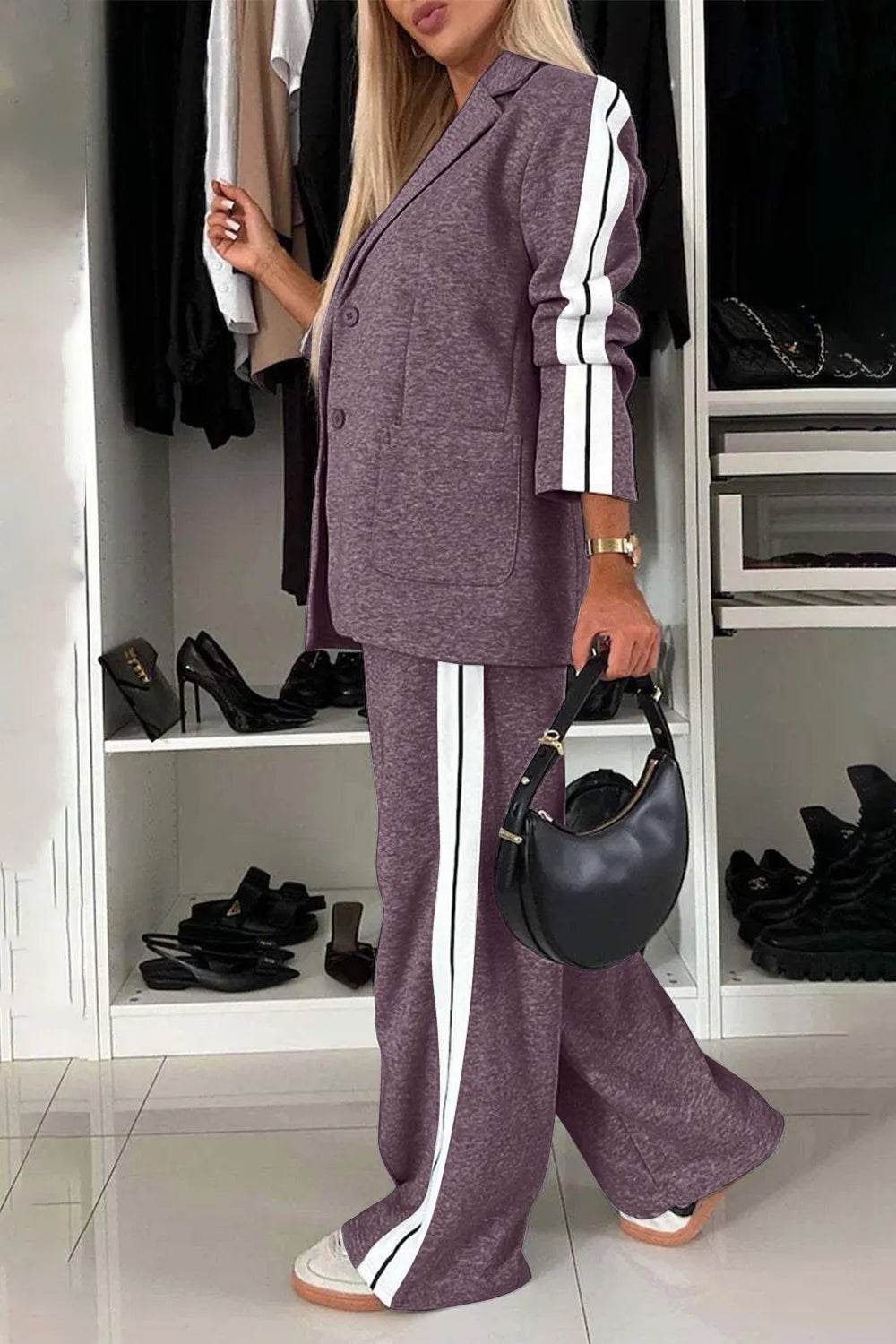 Full Size Contrast Lapel Collar Top and Pants Set - IntuitiveEncBoutique