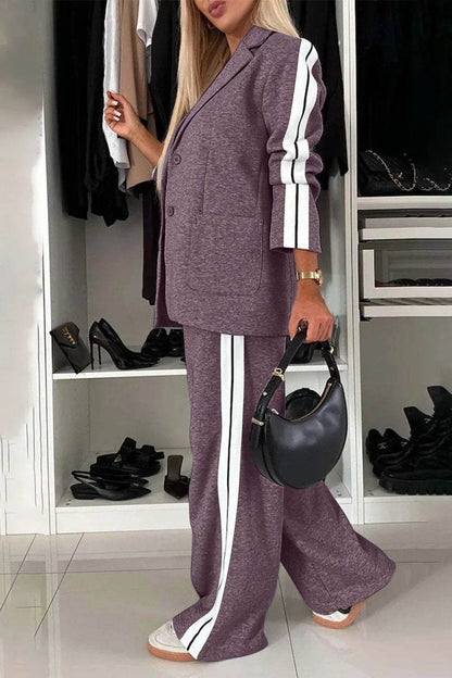 Full Size Contrast Lapel Collar Top and Pants Set - IntuitiveEncBoutique