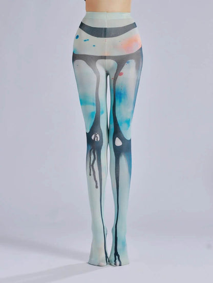 Dark patterned printed pantyhose with ink flow and personalized bottom socks - IntuitiveEncBoutique