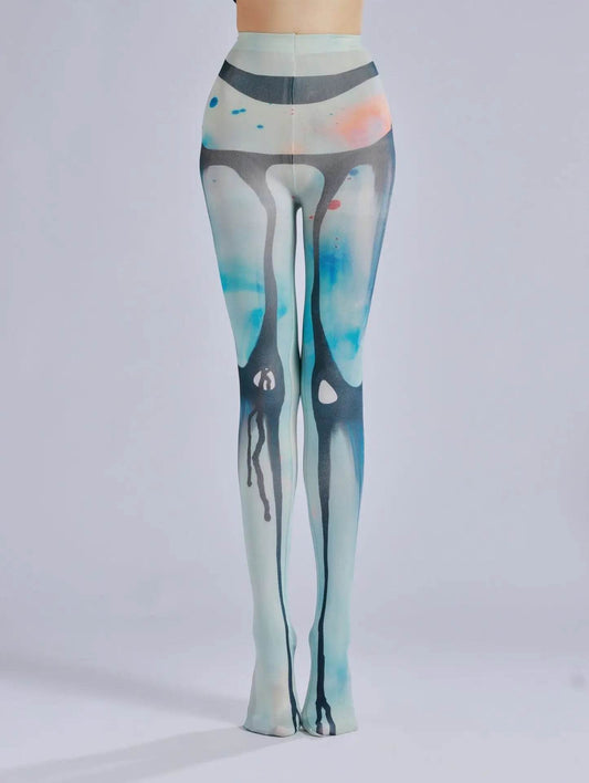 Dark patterned printed pantyhose with ink flow and personalized bottom socks - IntuitiveEncBoutique