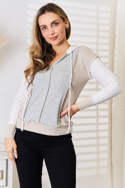 Double Take Color Block Exposed Seam Drawstring Hoodie - IntuitiveEncBoutique