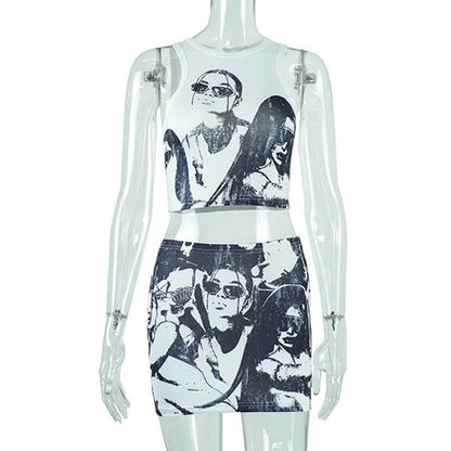Round Neck Cartoon Print Sleeveless Short Top and Skirt Set for Women - IntuitiveEncBoutique