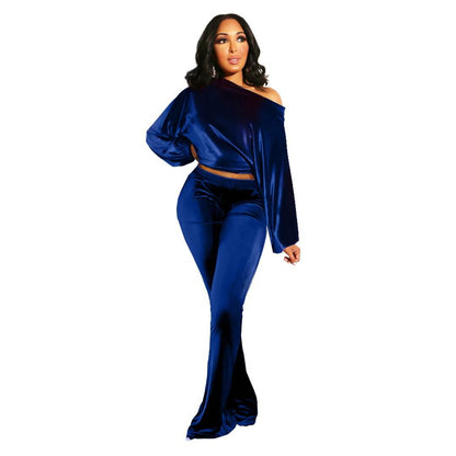 Autumn and Winter Women's Suit Pants Nightclub Sexy T-shirt Flannelette One Shoulder Slim Fit Elegant Women's 2-piece Set - IntuitiveEncBoutique
