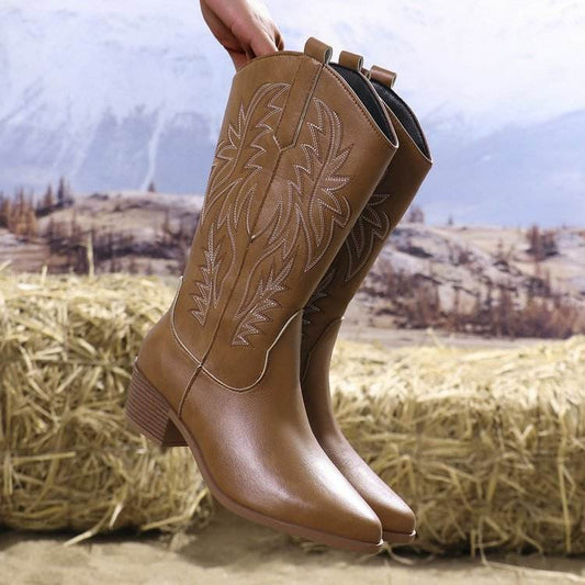 Vintage Tribal Pattern Chunky Heel Ankle Boots for Women with Embroidery Round Toe Martin Boots - IntuitiveEncBoutique