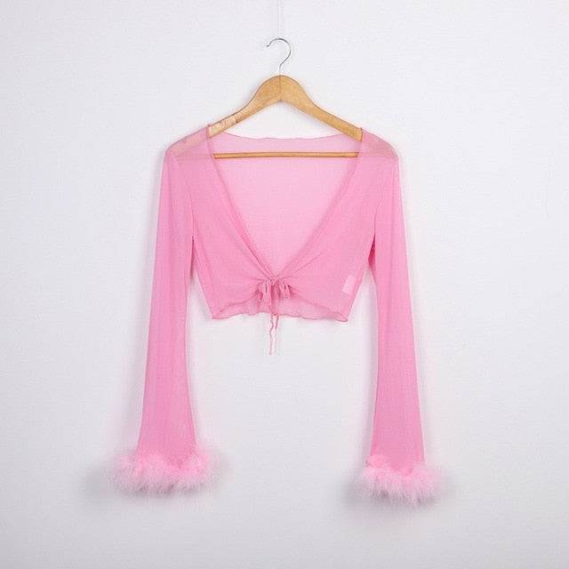 Mesh High Waist Pants and Long Sleeve Crop Top Sets Party Clubwear Sexy Faux Fur Outfit Two Piece Sets - IntuitiveEncBoutique