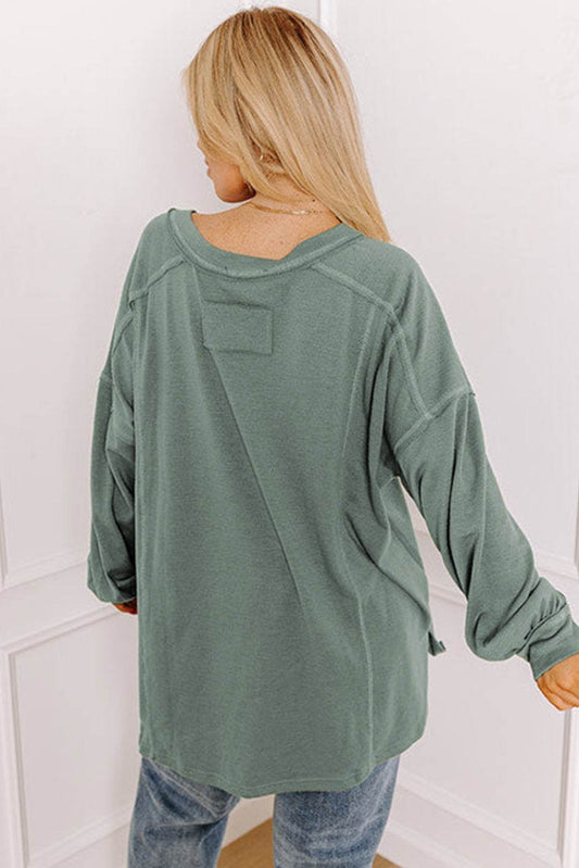 Seagrass Plus Size Exposed Seam Drop Shoulder Henley Top - IntuitiveEncBoutique