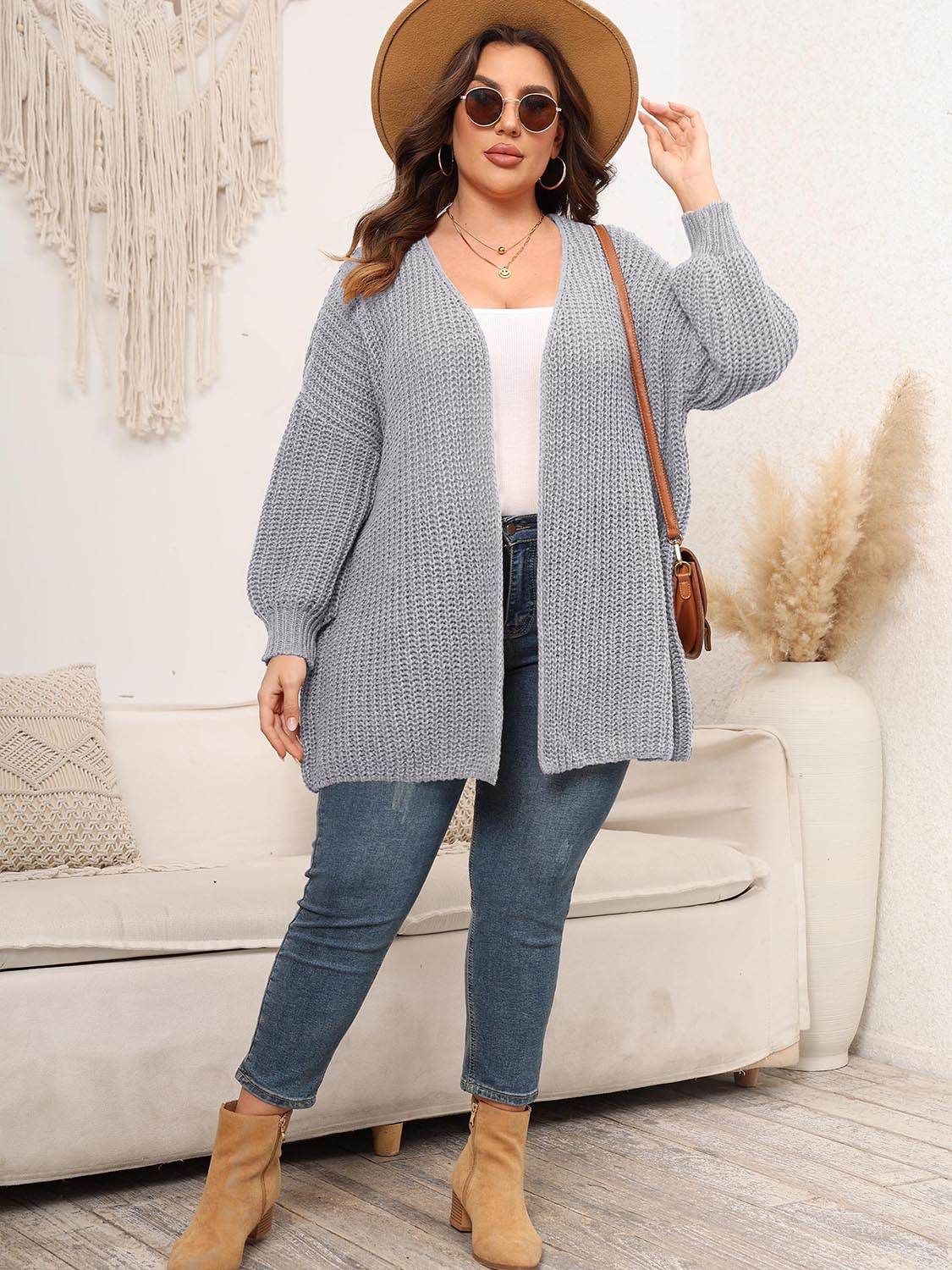 Plus Size Open Front Dropped Shoulder Knit Cardigan - IntuitiveEncBoutique