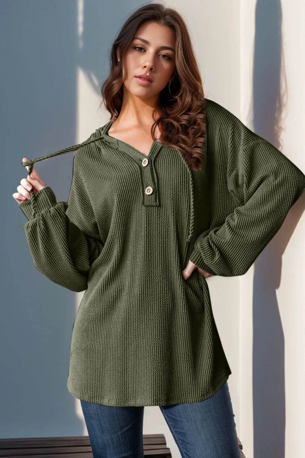 Double Take Full Size Half Button Long Sleeve Hoodie - IntuitiveEncBoutique