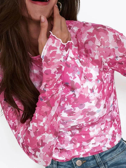 Floral Mock Neck Long Sleeve T-Shirt - IntuitiveEncBoutique