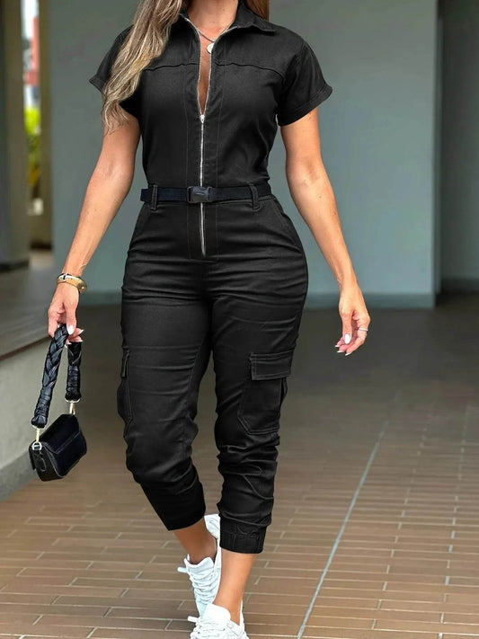 Zip Front Short Sleeve Jumpsuit - IntuitiveEncBoutique