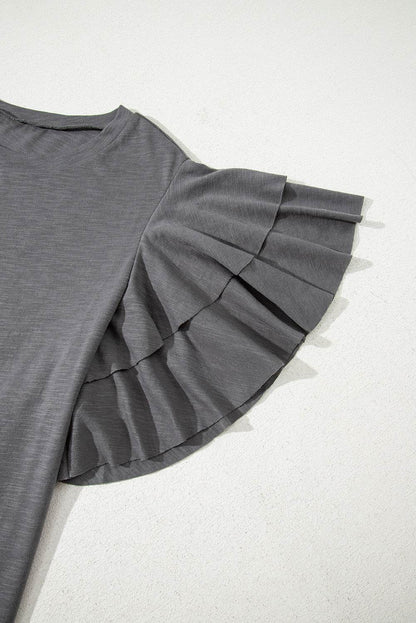 Dark Grey Double Ruffled Short Sleeve Plus Size Top - IntuitiveEncBoutique