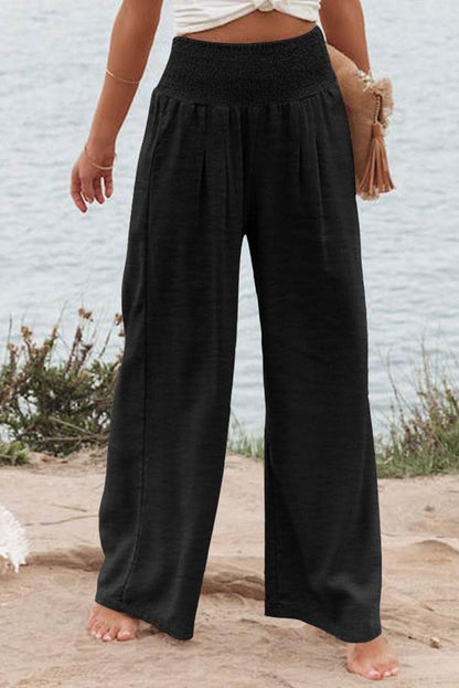 Black Shirred High Waist Plus Size Wide Leg Pants - IntuitiveEncBoutique
