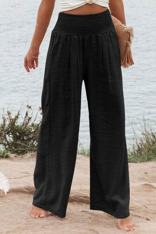 Black Shirred High Waist Plus Size Wide Leg Pants - IntuitiveEncBoutique