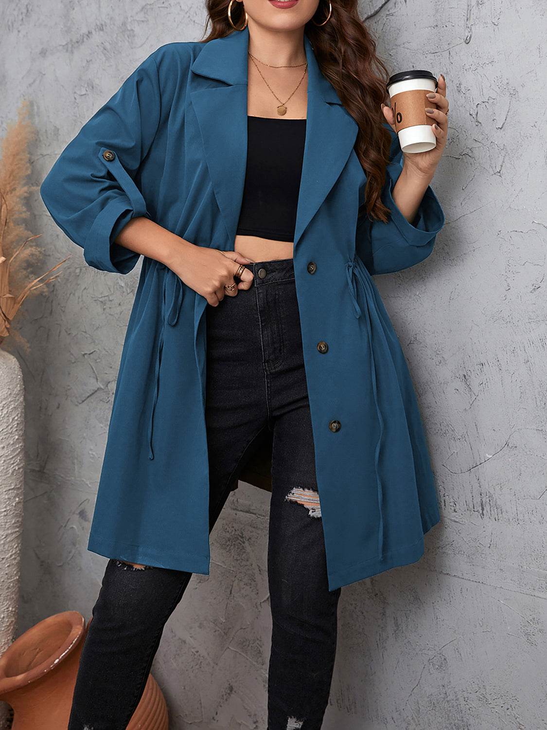 Honey Plus Size Lapel Collar Drawstring Roll-Tab Sleeve Trench Coat - IntuitiveEncBoutique