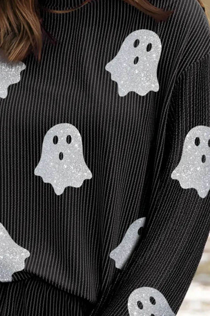 Glitter Ghost Round Neck Long Sleeve Top and Shorts Set - IntuitiveEncBoutique