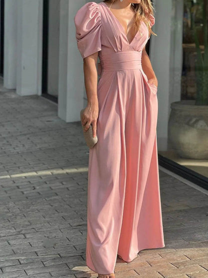 Full Size Cutout V-Neck Puff Sleeve Jumpsuit Plus Size - IntuitiveEncBoutique