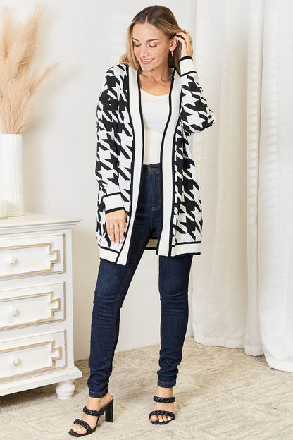 Mandy Woven Right Houndstooth Open Front Longline Cardigan - IntuitiveEncBoutique
