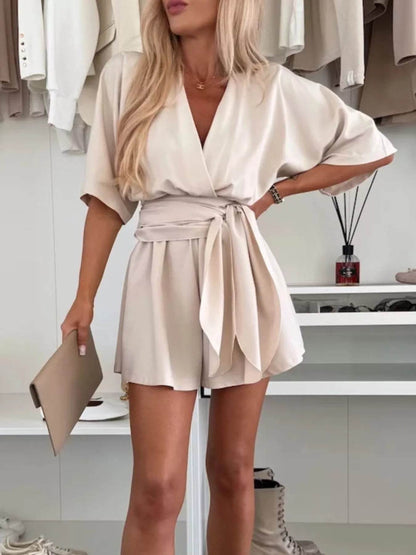 Full Size Surplice Tie Waist Romper Plus Size - IntuitiveEncBoutique