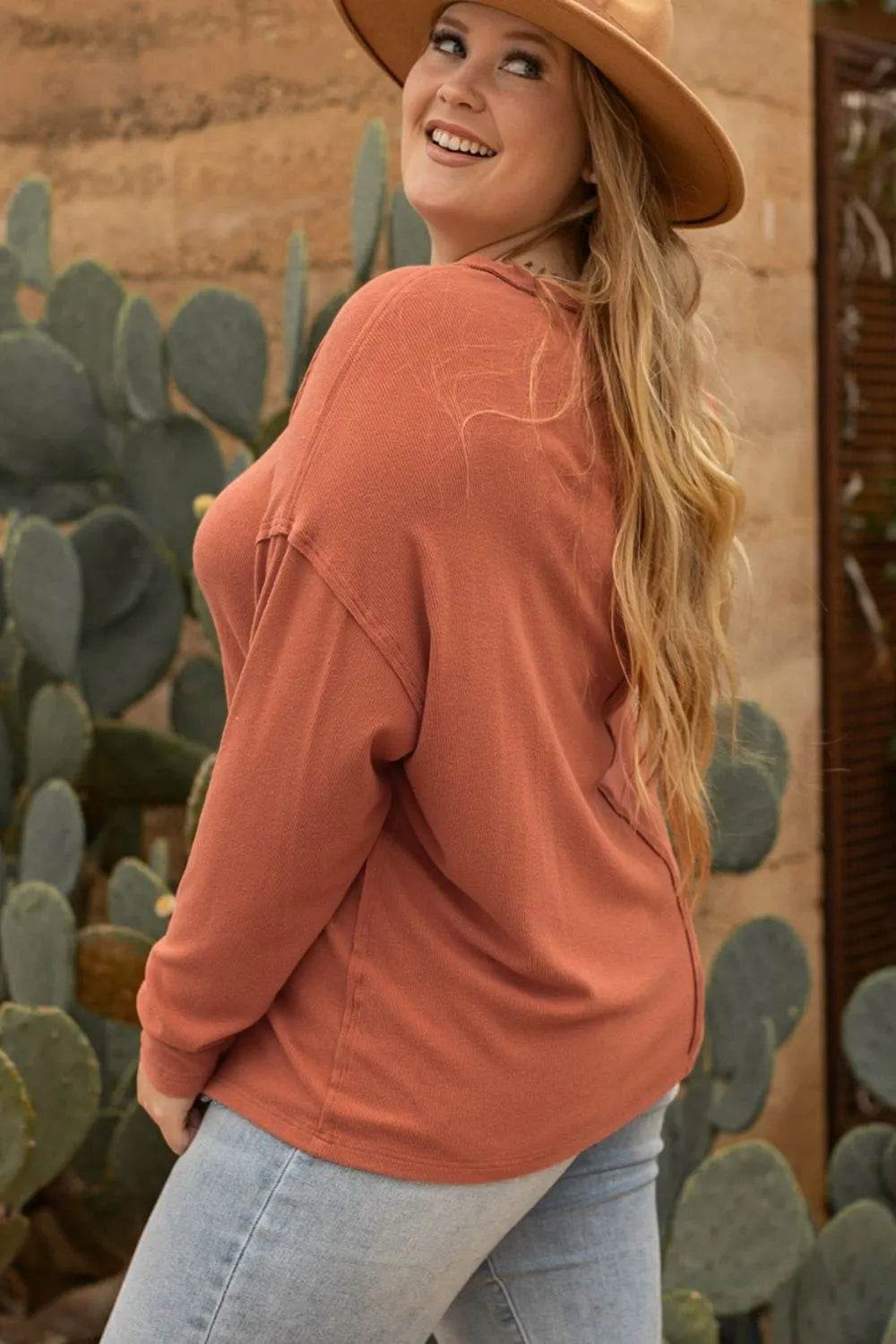Plus Size Notched Long Sleeve T-Shirt - IntuitiveEncBoutique