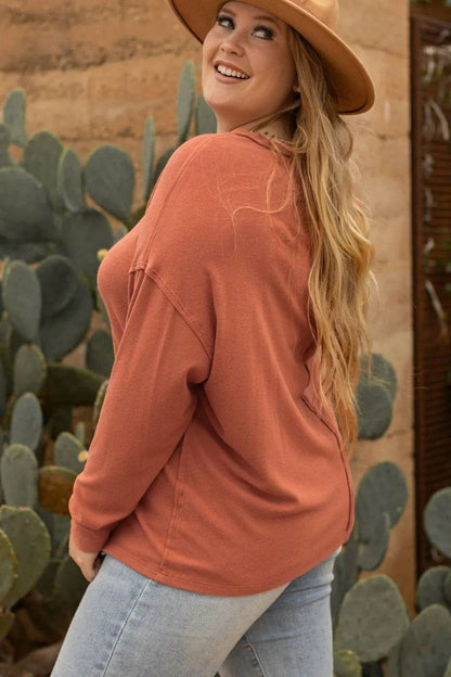Plus Size Notched Long Sleeve T-Shirt - IntuitiveEncBoutique