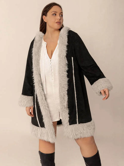 Plus Size Fuzzy Trim Open Front Long Sleeve Hooded Coat - IntuitiveEncBoutique