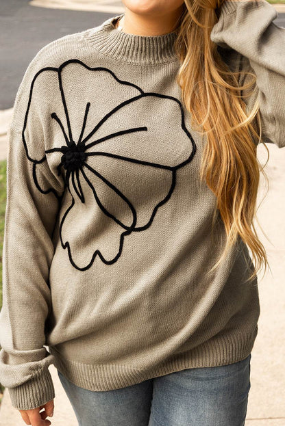 Dark Khaki Plus Size Big Flower Pattern High Neck Drop Shoulder Sweater - IntuitiveEncBoutique