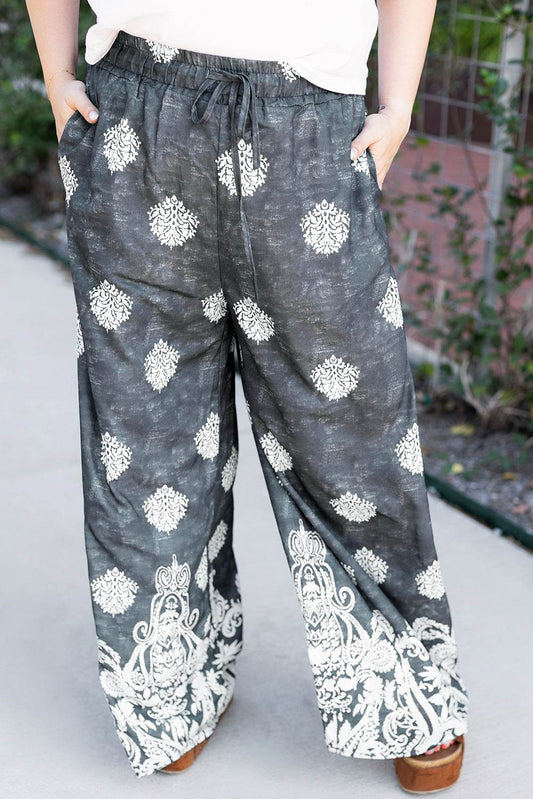 Black Plus Size Geometric Ethnic Print Drawstring Wide Leg Pants - IntuitiveEncBoutique